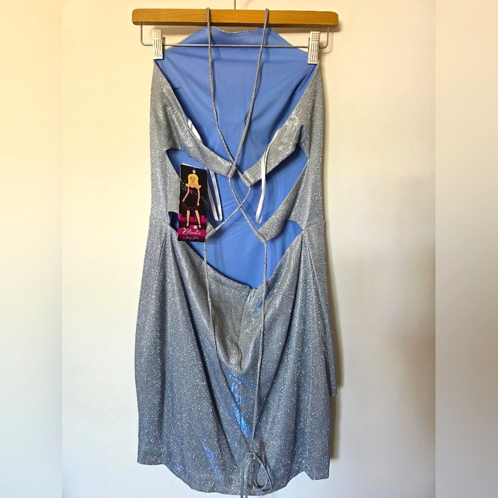 Blondie Nights Juniors' Metallic-Knit Draped Mini Halter Lace Up Dress Sz 13 - Picture 4 of 4
